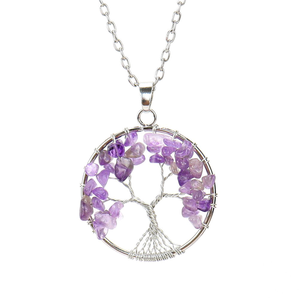 Wholesale Silver Hand-wound Colorful Crystal Gravel Tree of Life Necklace